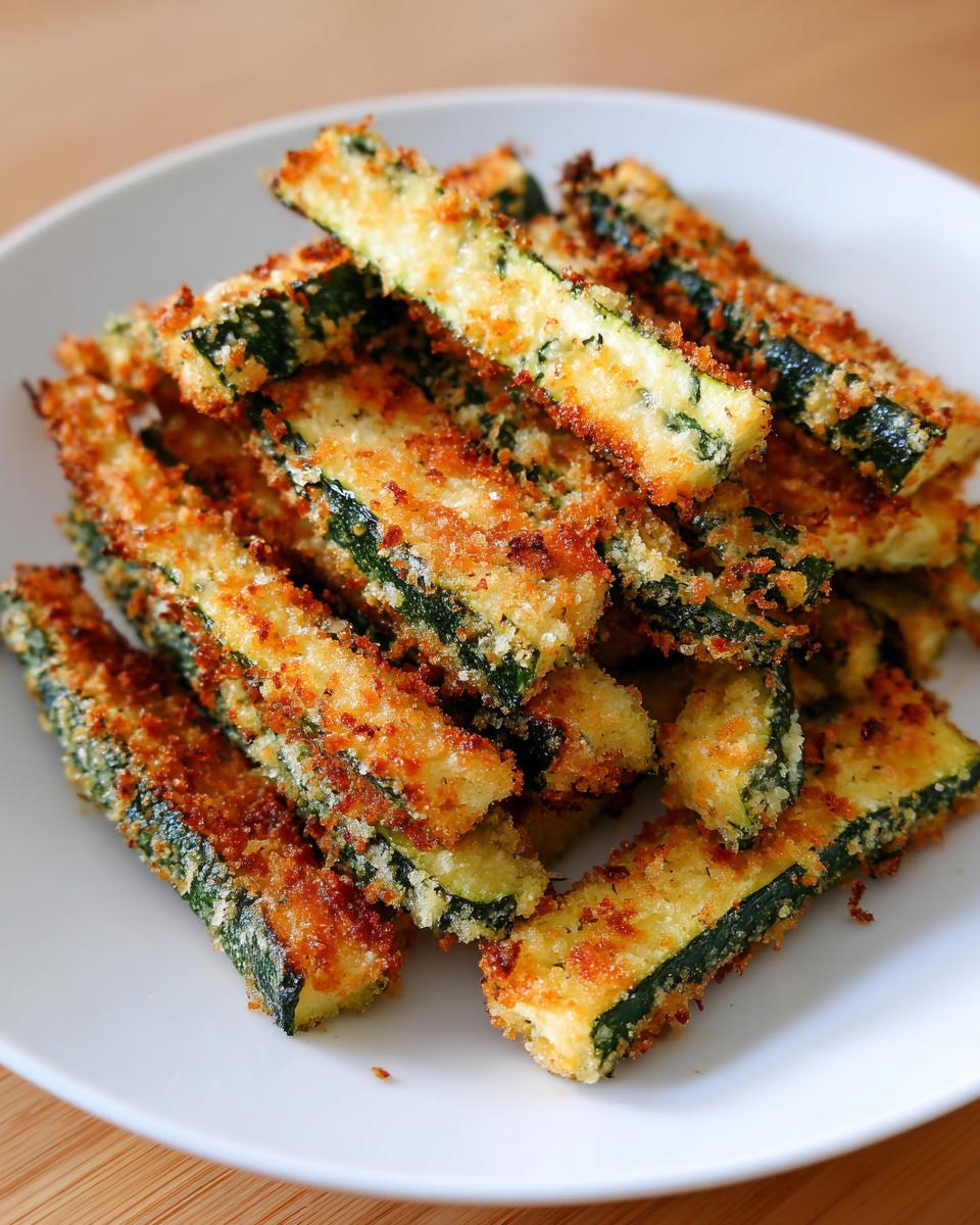 A pile of golden brown Crispy Parmesan Zucchini Fries on a white plate, ready to eat.