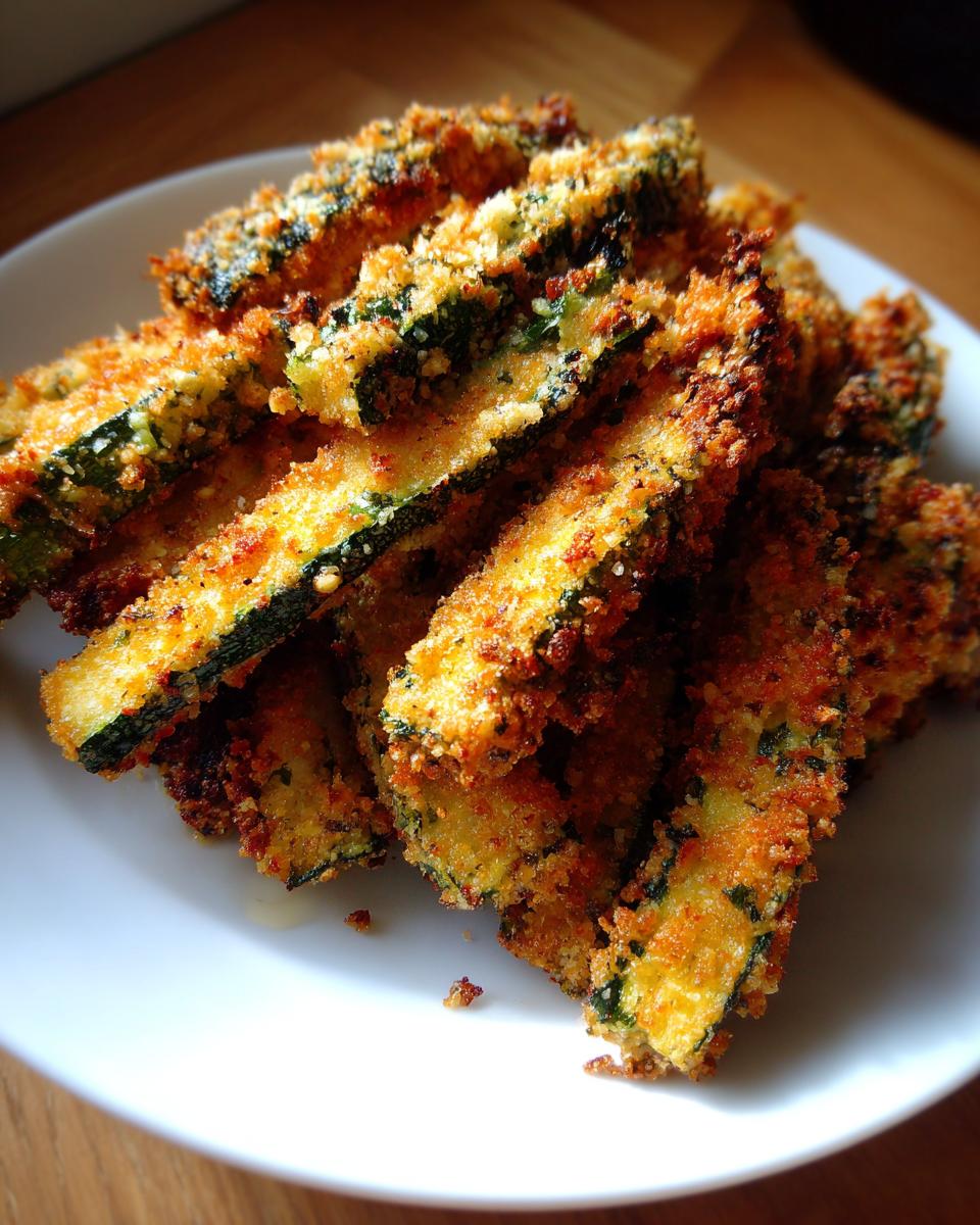 A plate of golden brown Crispy Parmesan Zucchini Fries, perfect as a side dish or snack.