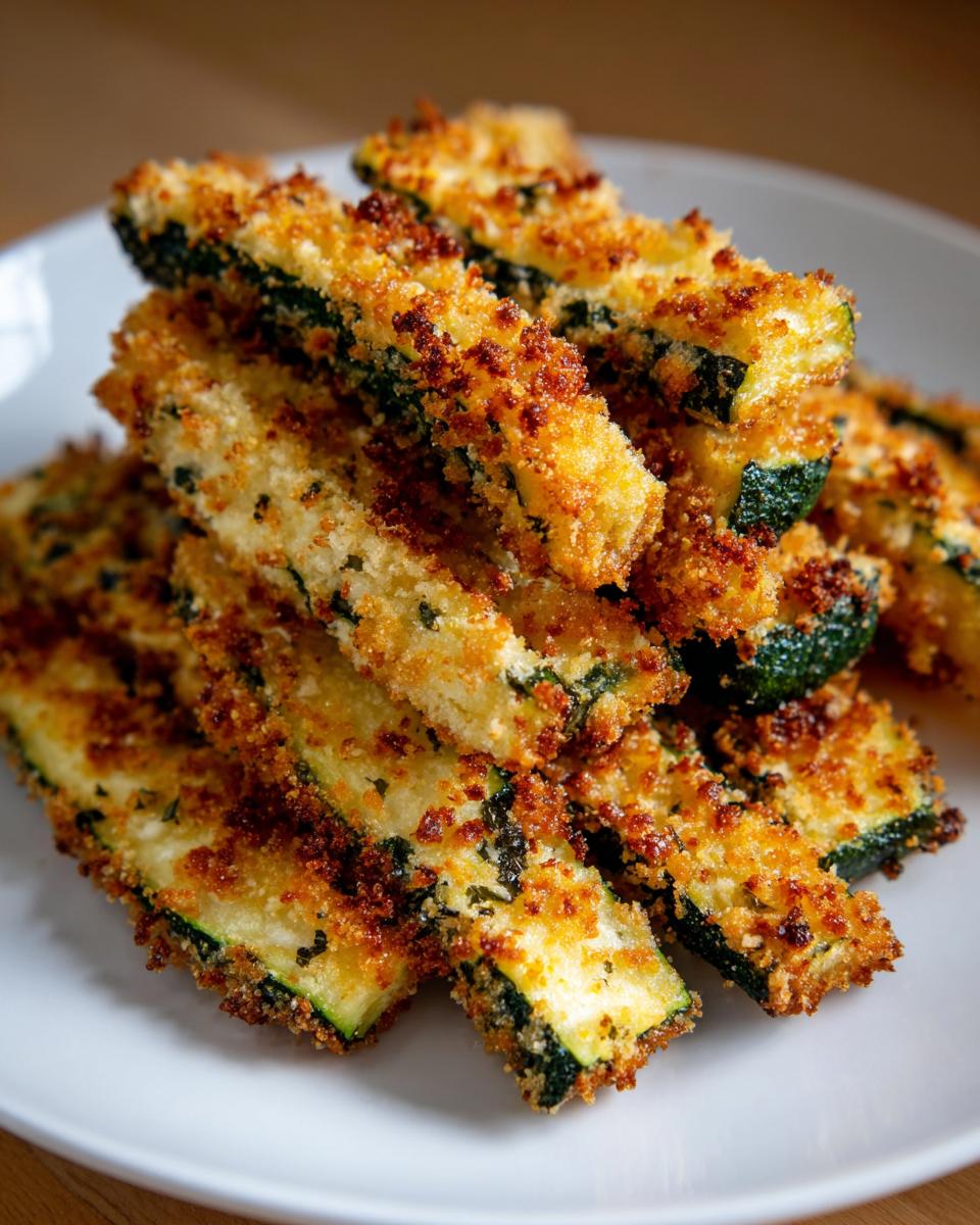 A stack of golden brown Crispy Parmesan Zucchini Fries on a white plate.