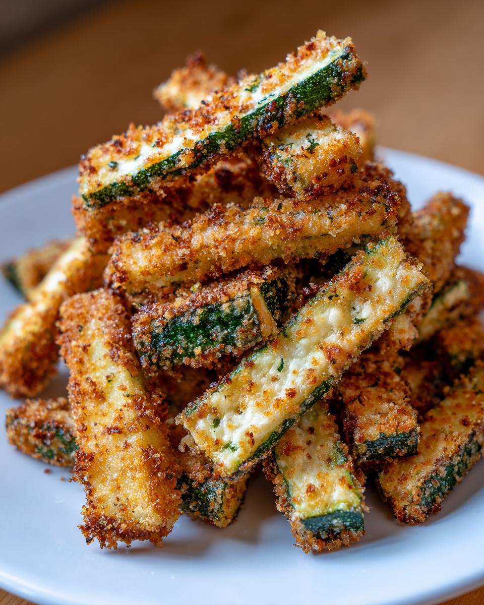 A stack of golden brown Crispy Parmesan Zucchini Fries on a white plate, ready to be enjoyed.