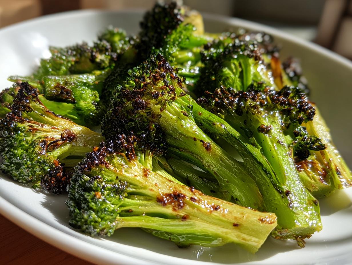 Close-up of perfectly roasted broccoli florets on a white plate, showcasing a delicious broccoli recipe.