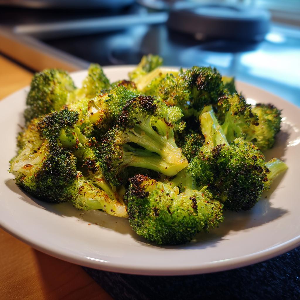 A plate of perfectly roasted broccoli, showcasing a crispy texture and vibrant green color. Broccoli recipe.
