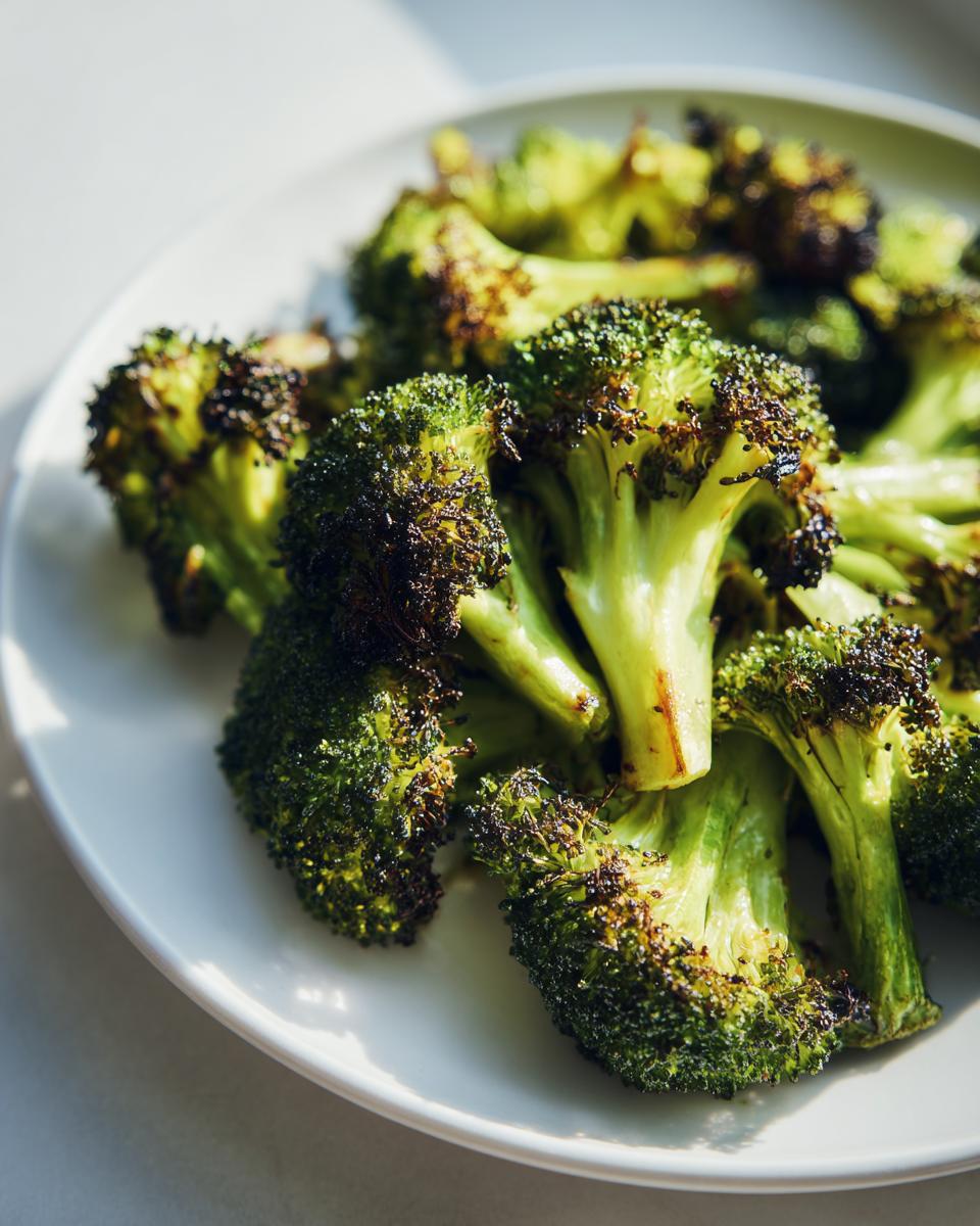Close-up of crispy roasted broccoli florets on a white plate, showcasing a delicious broccoli recipe.