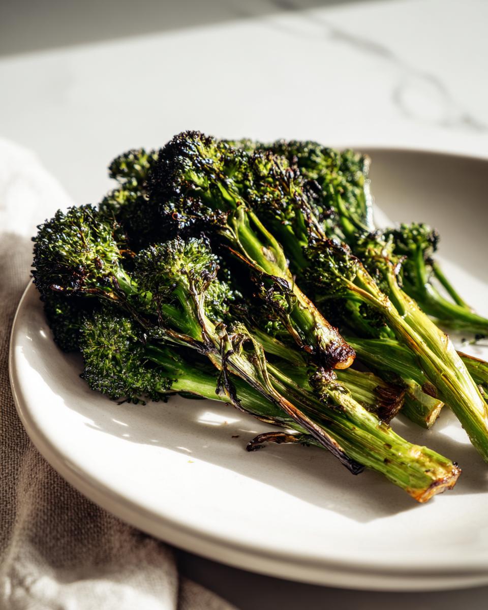 Close-up of roasted broccoli recipe on a white plate, showing crispy edges and vibrant green stalks.
