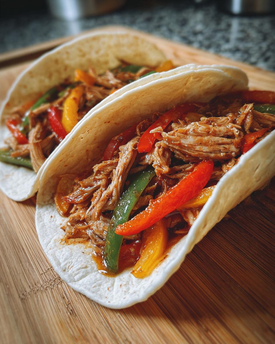 Two chicken tacos filled with shredded chicken and colorful bell peppers, showcasing an easy crockpot meals idea.