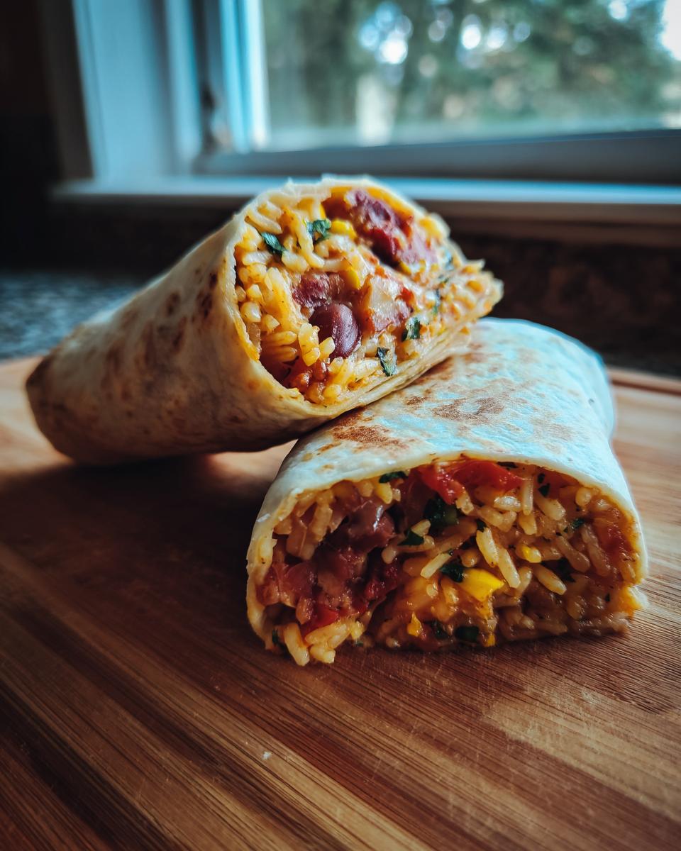 A cut burrito showing rice, beans, and other fillings on a wooden board. Perfect burrito recipe.