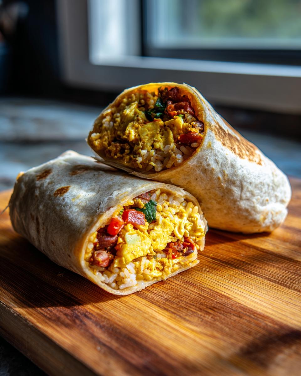 A cut burrito showcasing rice, eggs, and other fillings on a wooden board. Perfect burrito recipe.