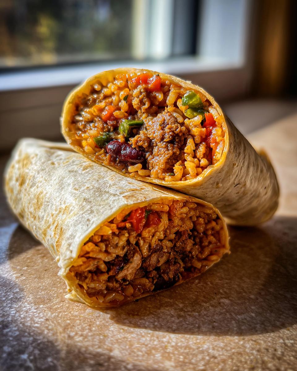 Close-up of a cut burrito showing rice, meat, beans, and vegetables filling. A perfect burrito recipe.