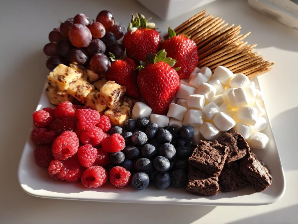 A vibrant and delicious dessert charcuterie platter featuring strawberries, raspberries, blueberries, grapes, marshmallows, crackers, brownies, and chocolate chip cookies.