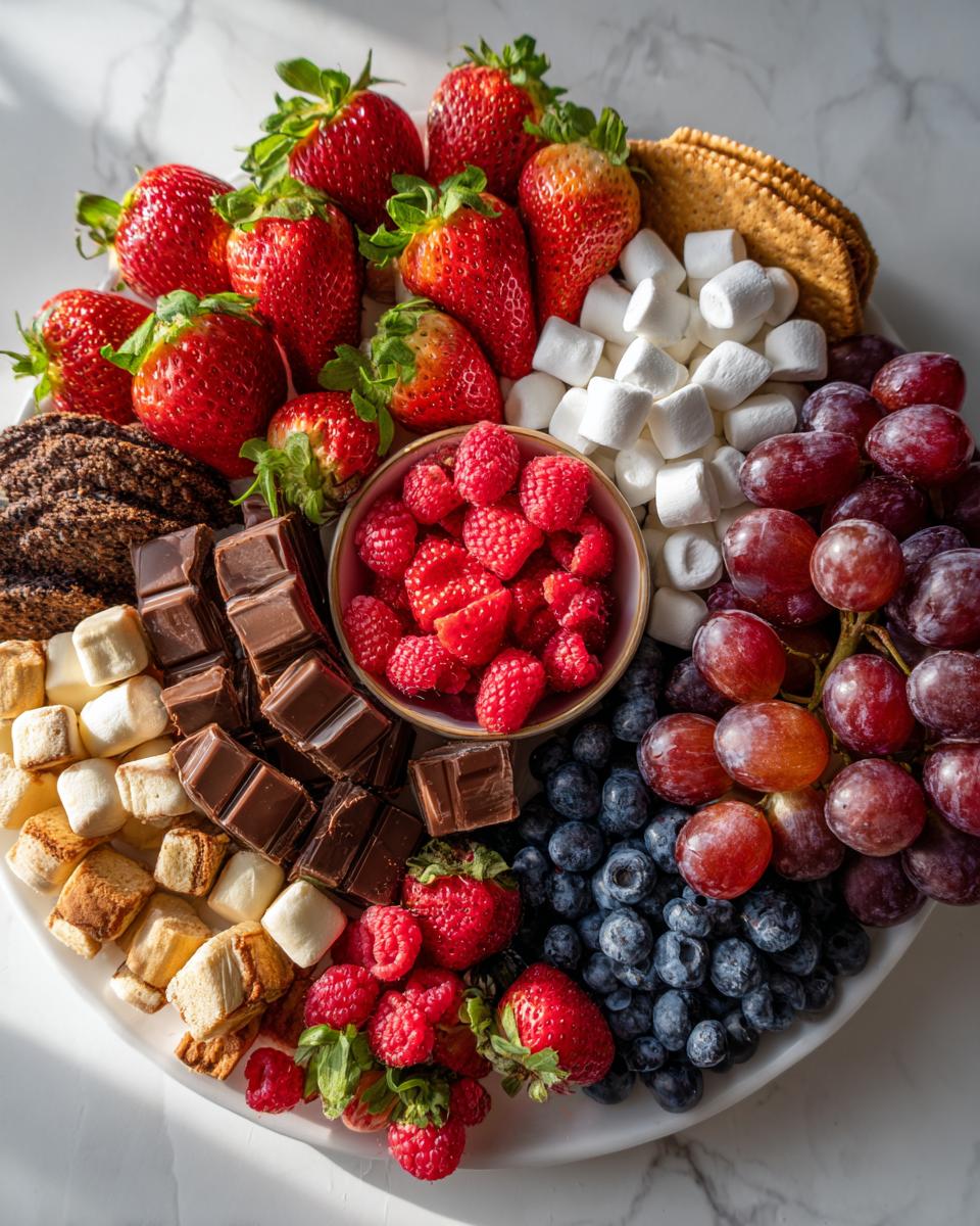 A vibrant Dessert Charcuterie Platter featuring strawberries, raspberries, blueberries, grapes, marshmallows, chocolate, cookies, and crackers.