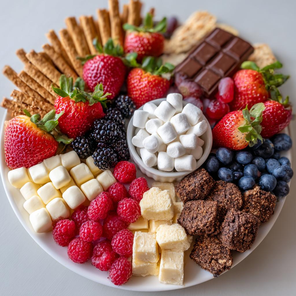 A beautiful and abundant Dessert Charcuterie Platter featuring strawberries, blueberries, raspberries, blackberries, marshmallows, brownies, and chocolate.