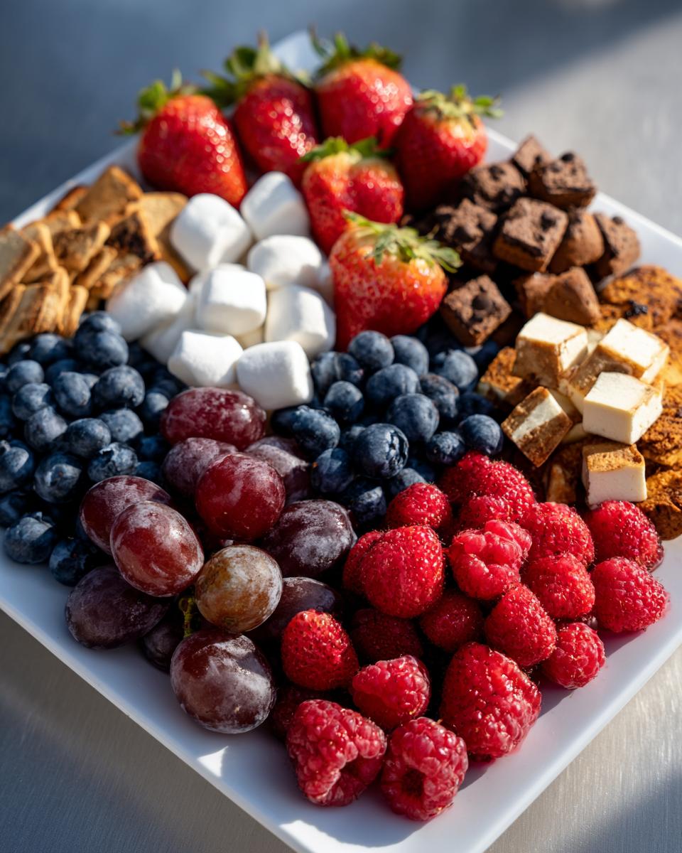 A vibrant Dessert Charcuterie Platter filled with strawberries, blueberries, raspberries, grapes, marshmallows, brownies, and cookies.