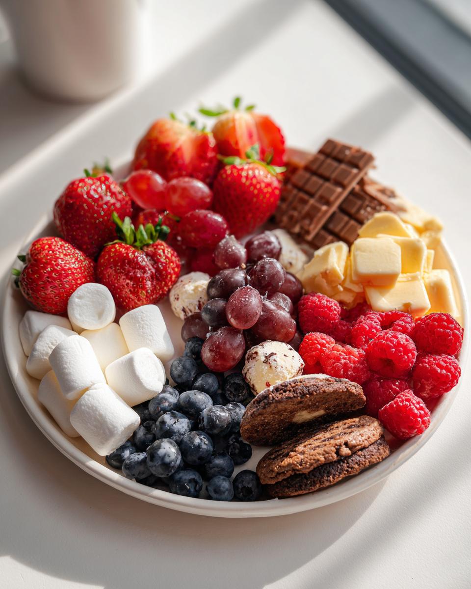 A colorful and inviting Dessert Charcuterie Platter featuring strawberries, blueberries, raspberries, grapes, marshmallows, cookies, chocolate, and cheese.