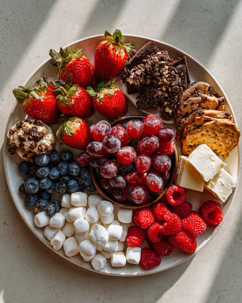 A vibrant Dessert Charcuterie Platter featuring strawberries, blueberries, raspberries, grapes, marshmallows, brownies, cookies, and cheese.
