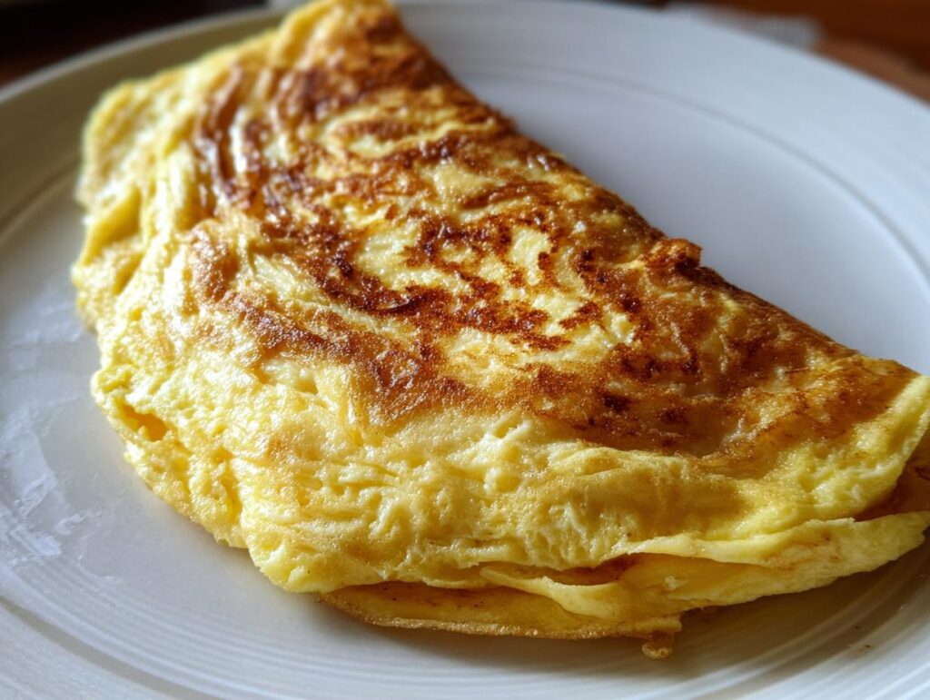 Golden brown omelet on a white plate, showcasing its simple and delicious appearance. This is a perfect 5-Minute Omelet.