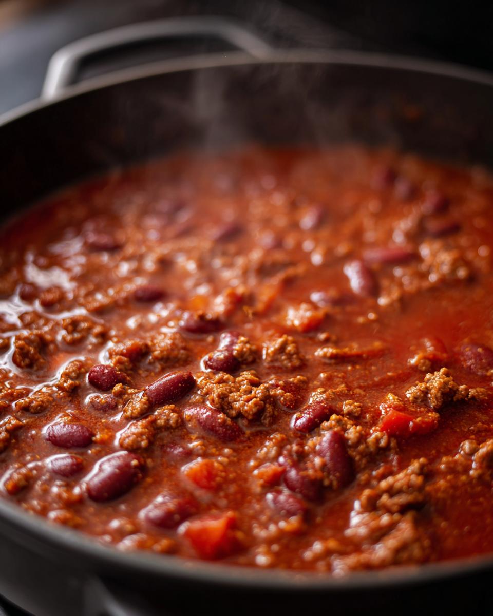 Close-up of an easy chili recipe simmering in a pot, featuring kidney beans and ground beef.
