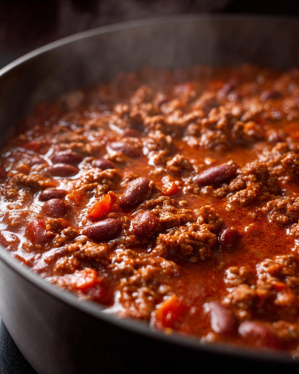 Close-up of a pot of simmering chili with ground beef, kidney beans, and tomatoes, perfect for an easy chili recipe.