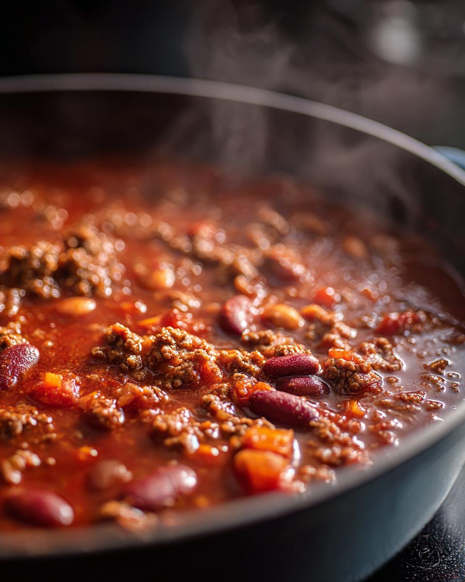 Close-up of an easy chili recipe simmering in a pot, featuring kidney beans, ground meat, and a rich tomato-based sauce.