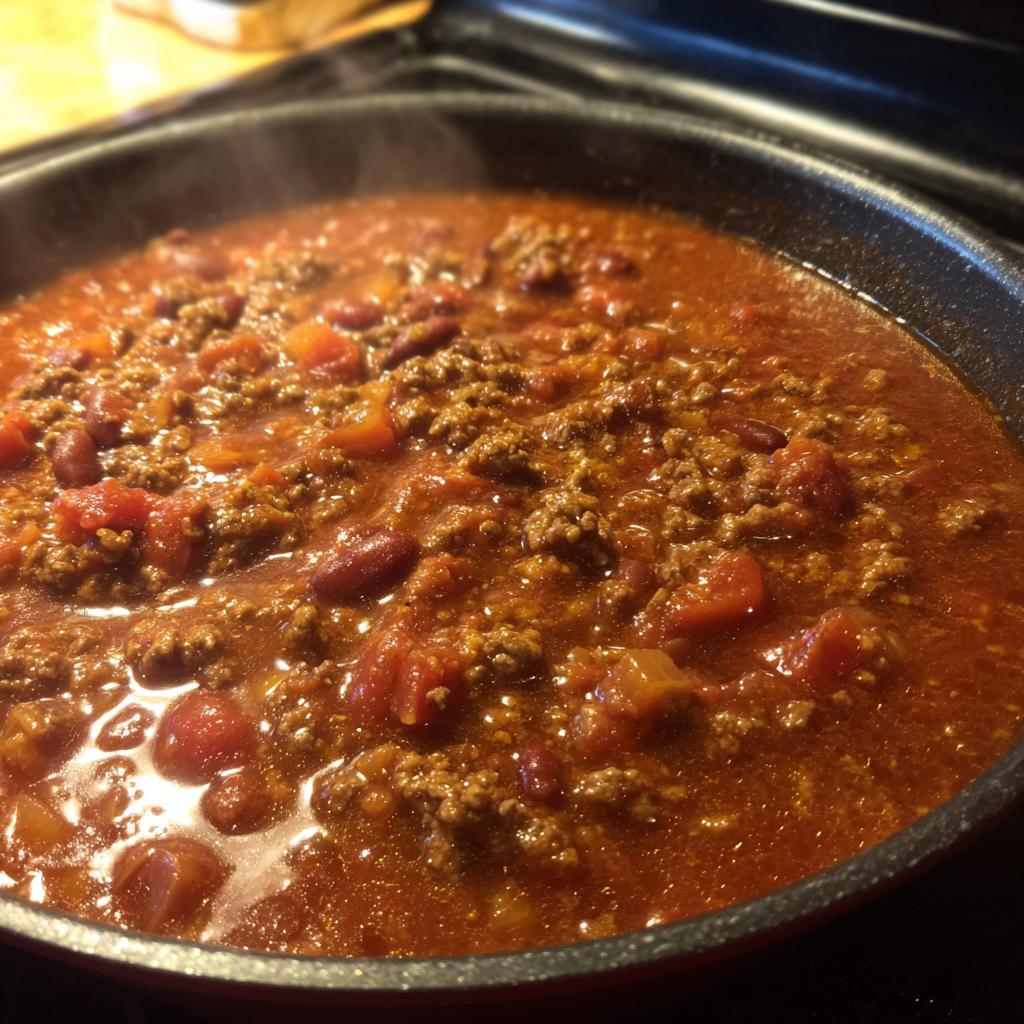 A pan of simmering chili, showcasing the rich texture and ingredients for an easy chili recipe.