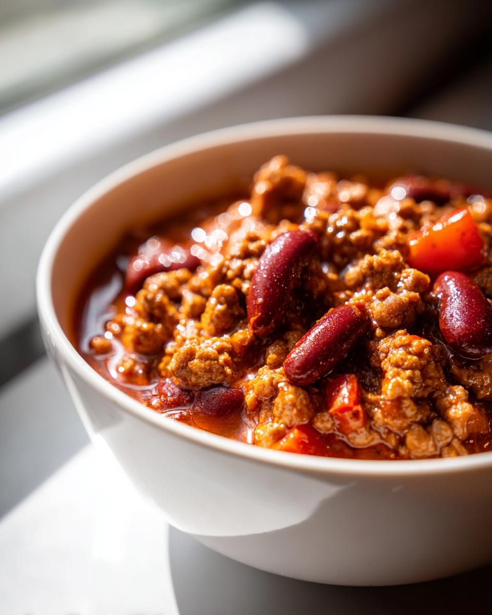 Close-up of a bowl of chili, an easy meal, featuring ground meat, kidney beans, and tomatoes in a rich sauce.