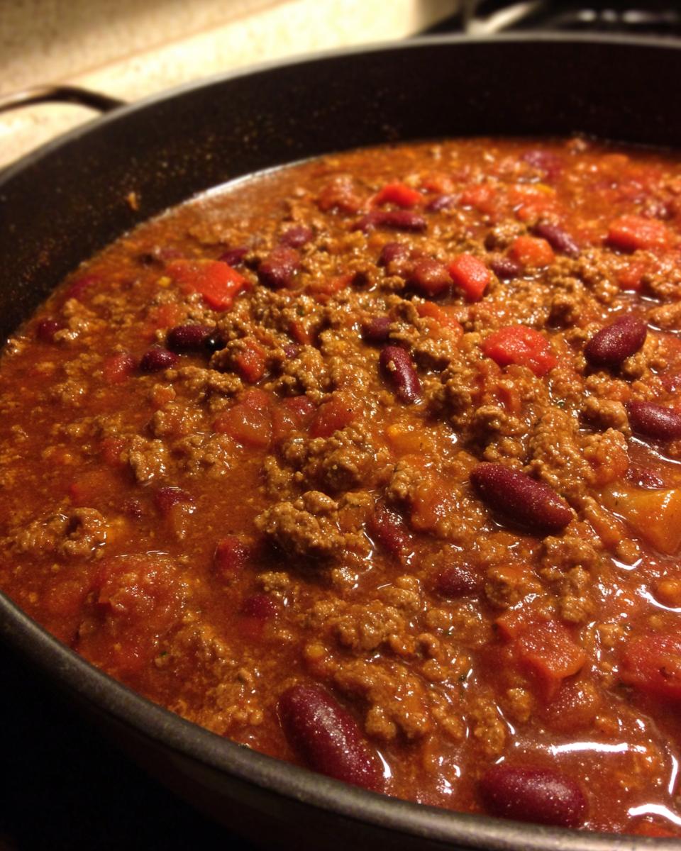 Close-up of hearty chili with ground beef, kidney beans, and tomatoes, perfect for easy meals.