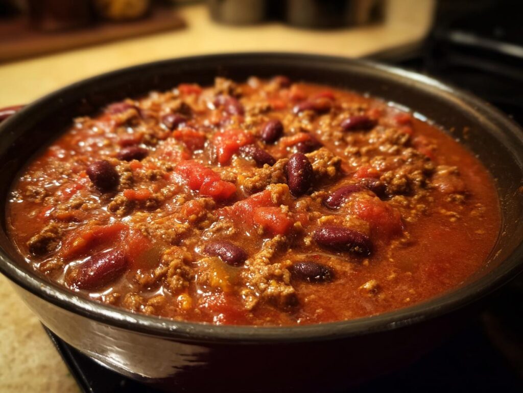 A pot of hearty chili with ground beef, kidney beans, and tomatoes, perfect for easy meals.