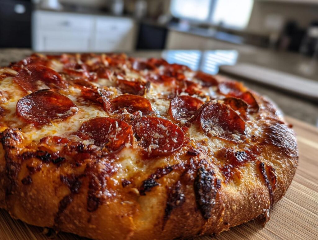 A close-up of a delicious Easy Skillet Pepperoni Pizza with melted cheese and crispy pepperoni.