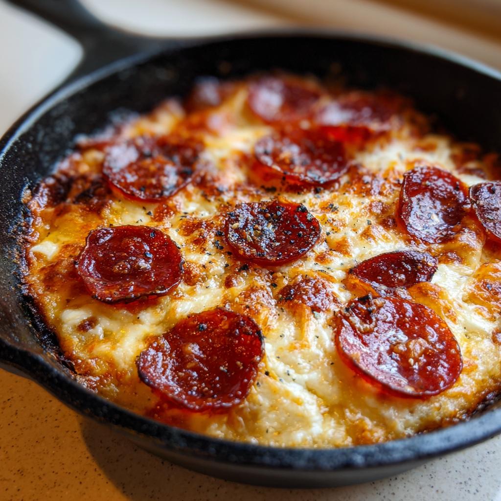 Close-up of a bubbling Easy Skillet Pepperoni Pizza in a cast iron pan, with melted cheese and crispy pepperoni.