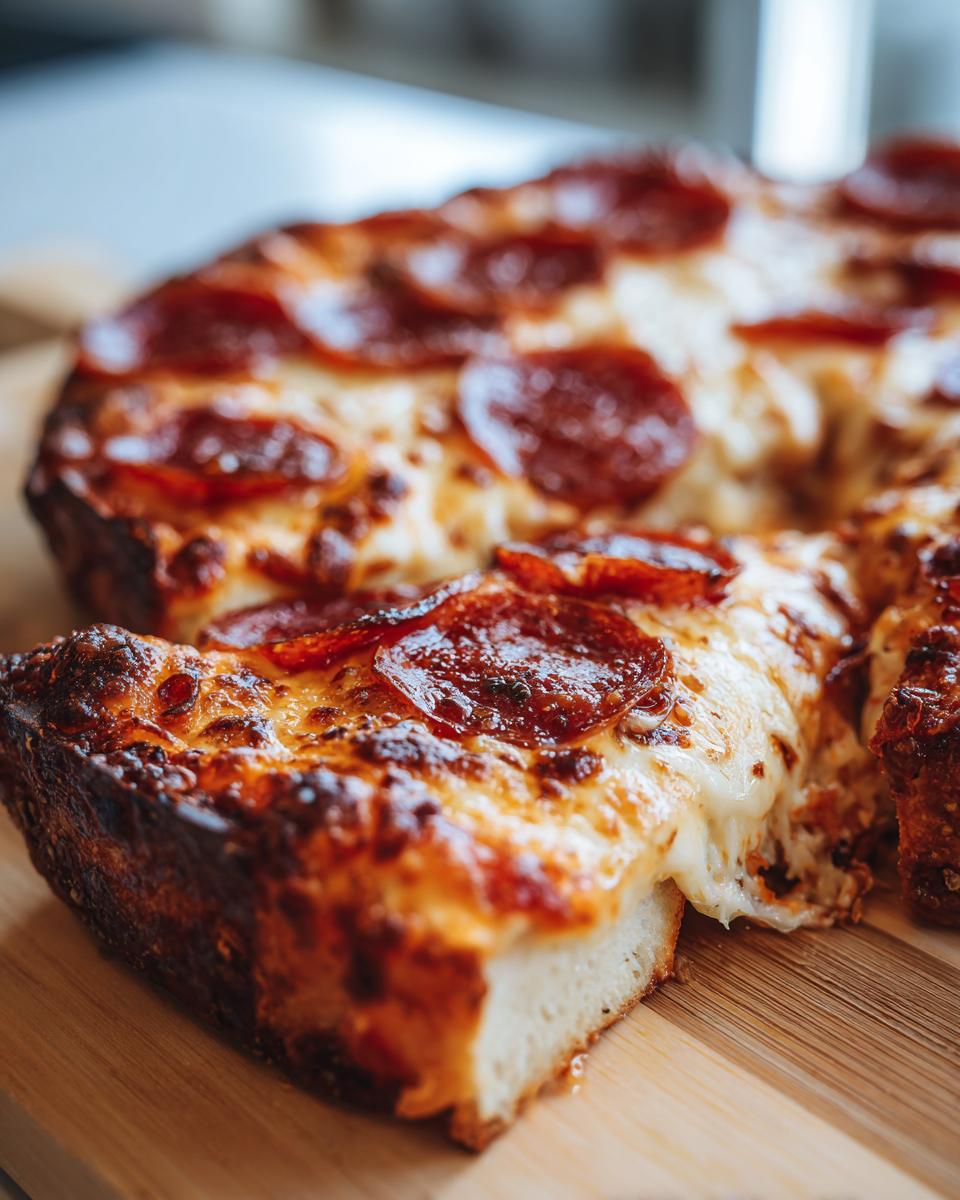 Close-up of a slice of Easy Skillet Pepperoni Pizza with melted cheese and pepperoni.