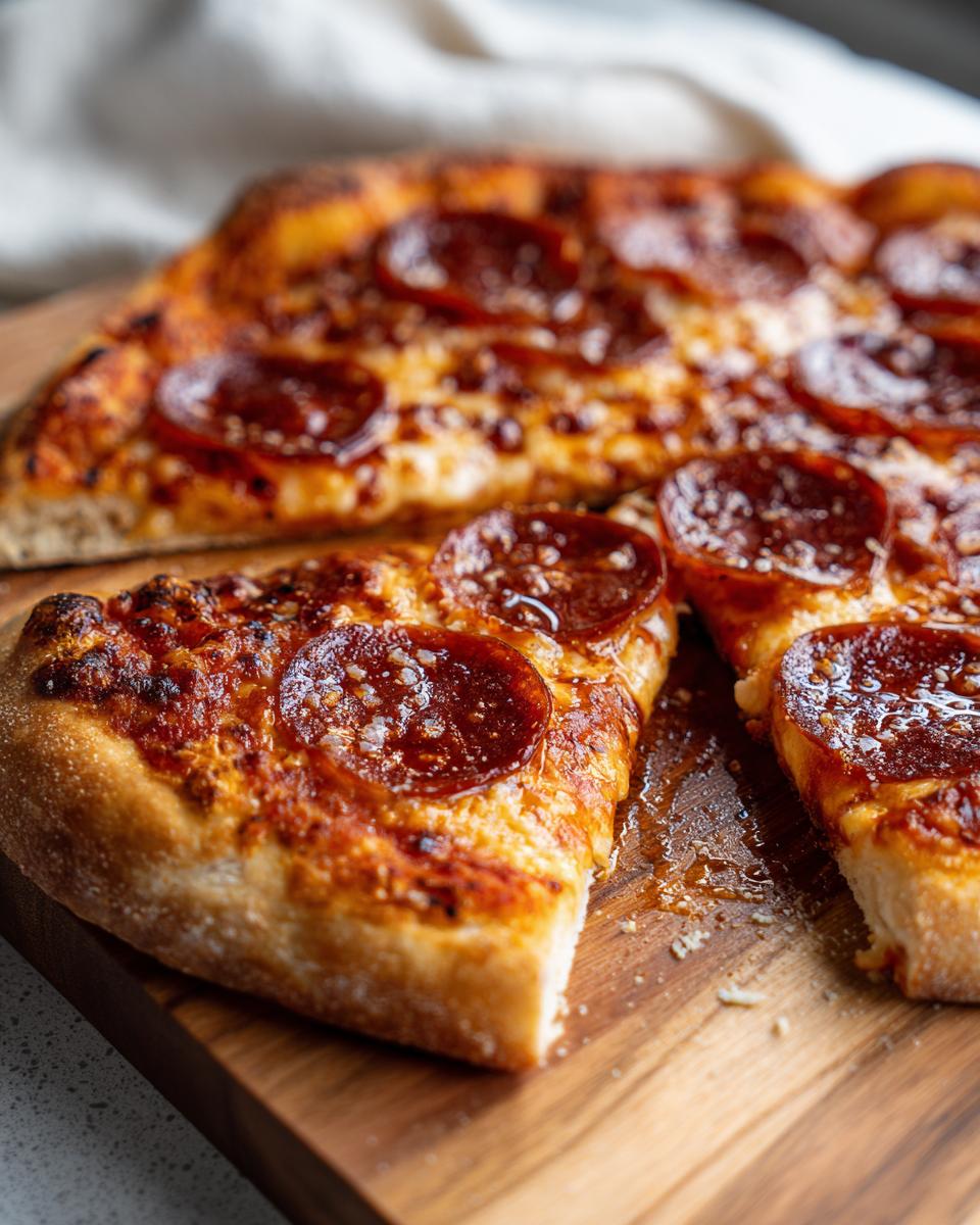 A close-up of a delicious slice of Easy Skillet Pepperoni Pizza, with melted cheese and pepperoni.