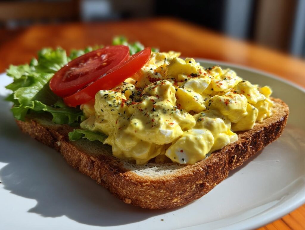 Close-up of a delicious egg salad sandwich on toasted bread with lettuce and tomato, seasoned with paprika.