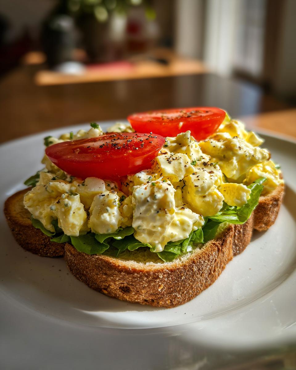 A delicious open-faced egg salad sandwich on toasted bread, topped with fresh lettuce, creamy egg salad, and tomato slices.