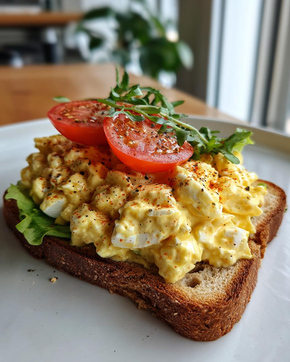 A hearty slice of whole wheat toast topped with creamy egg salad sandwiches, lettuce, and tomato slices.