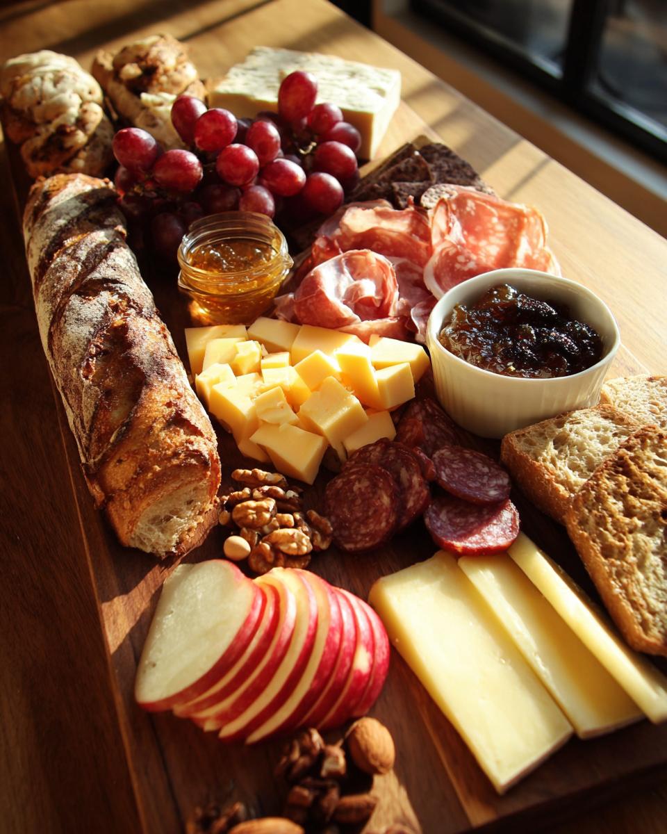 A beautiful Fall Harvest Cheese Board featuring an assortment of cheeses, cured meats, grapes, bread, nuts, and jams.