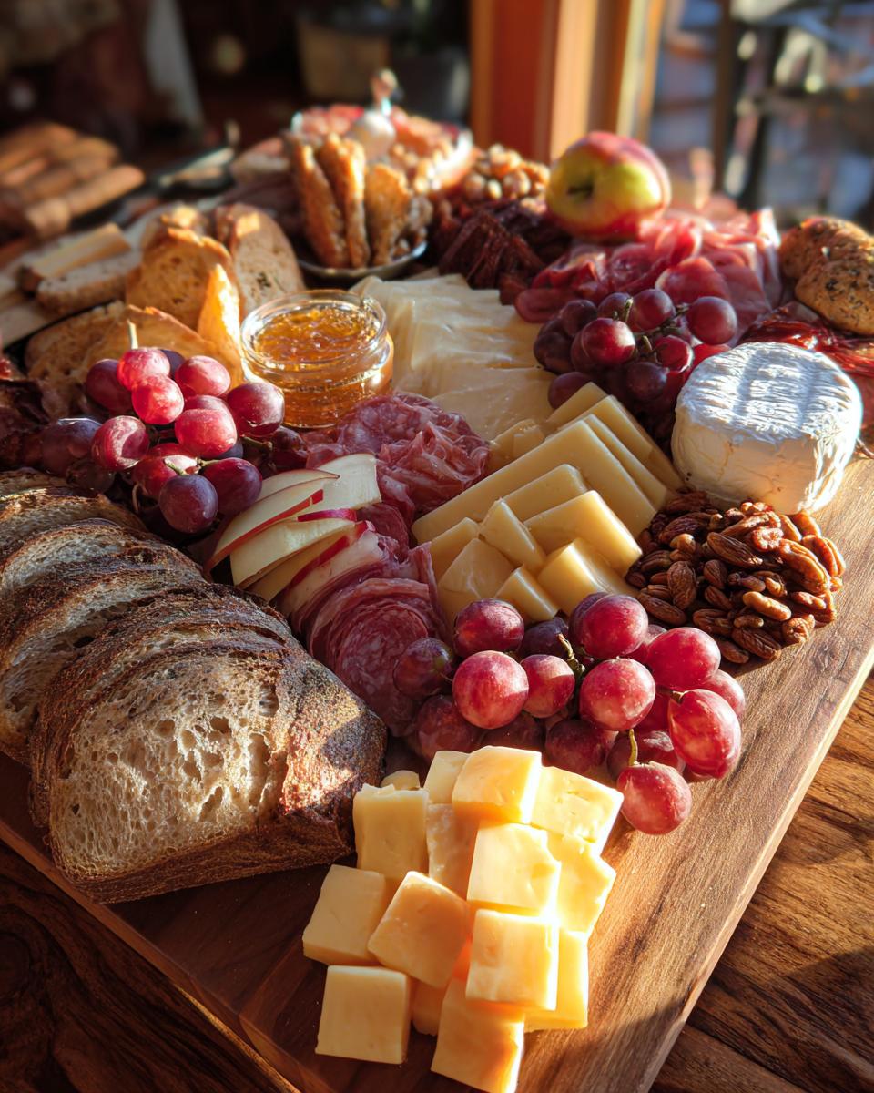 A bountiful Fall Harvest Cheese Board overflowing with charcuterie, cheeses, grapes, nuts, and bread.