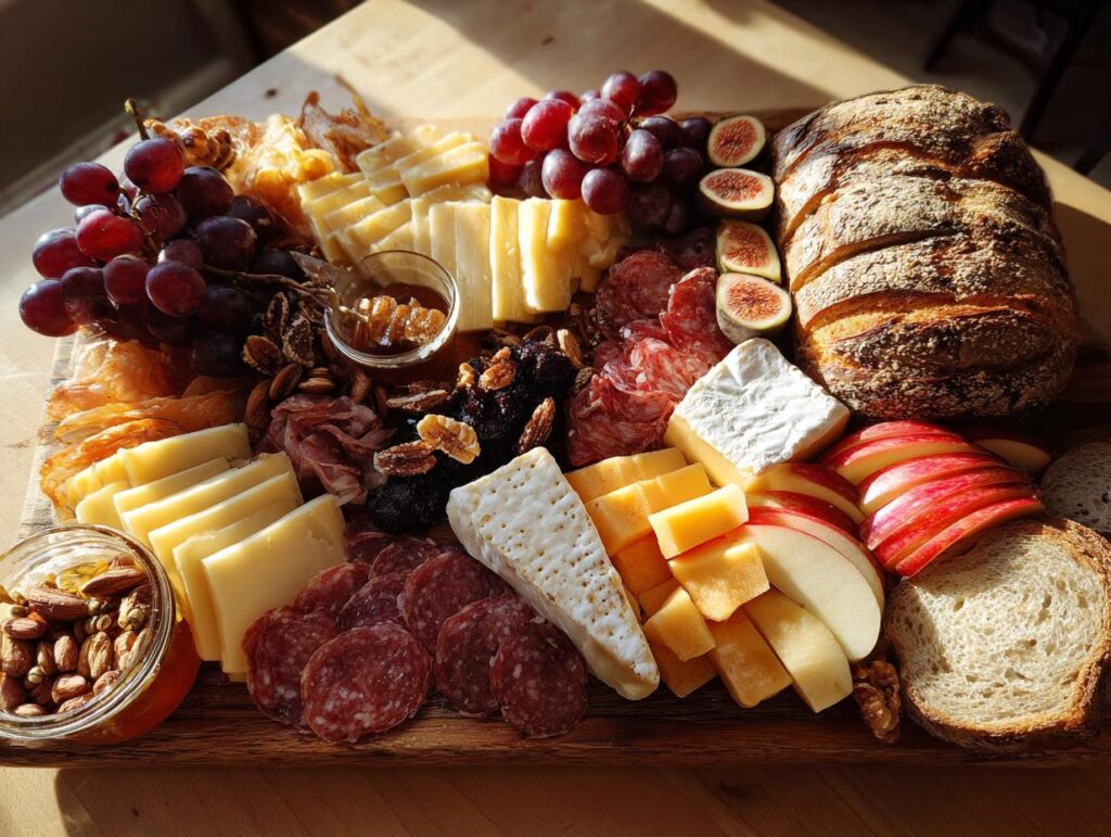 A beautiful Fall Harvest Cheese Board featuring an assortment of cheeses, cured meats, grapes, figs, apples, nuts, and bread.