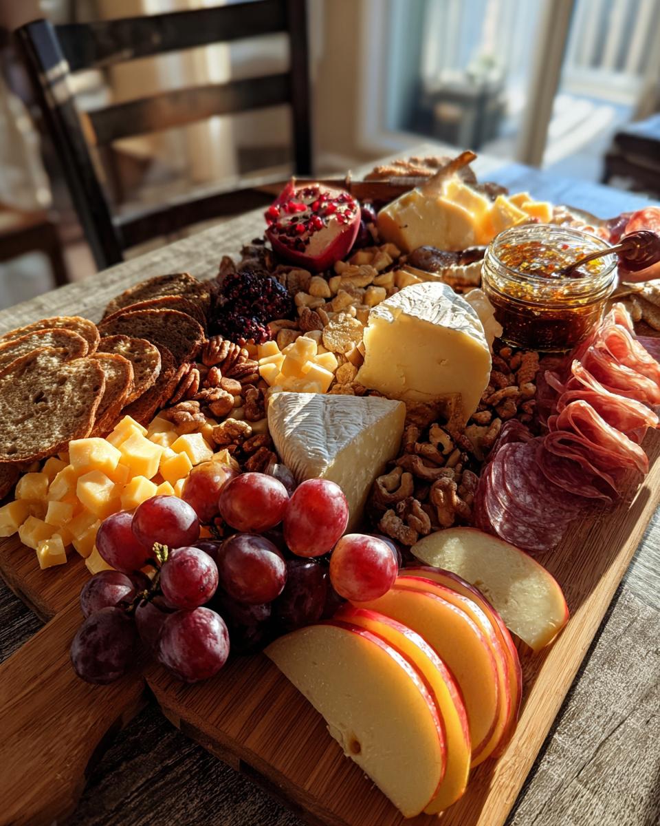 A beautiful Fall Harvest Cheese Board featuring an assortment of cheeses, grapes, salami, nuts, crackers, and jam.