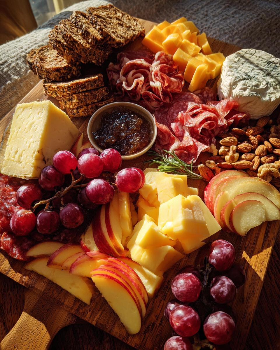 A beautiful Fall Harvest Cheese Board featuring an assortment of cheeses, cured meats, grapes, apples, nuts, and crackers.