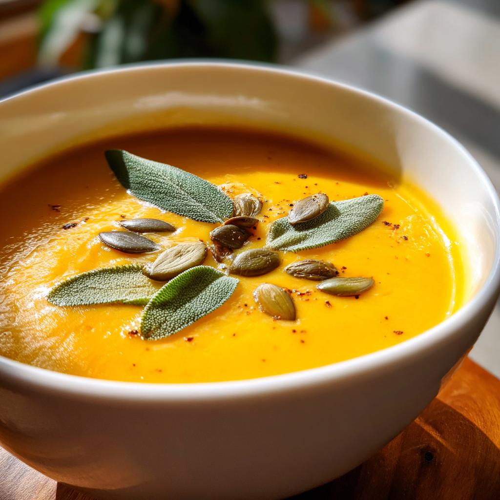Close-up of a creamy fall soup recipe in a white bowl, garnished with sage leaves and pumpkin seeds.