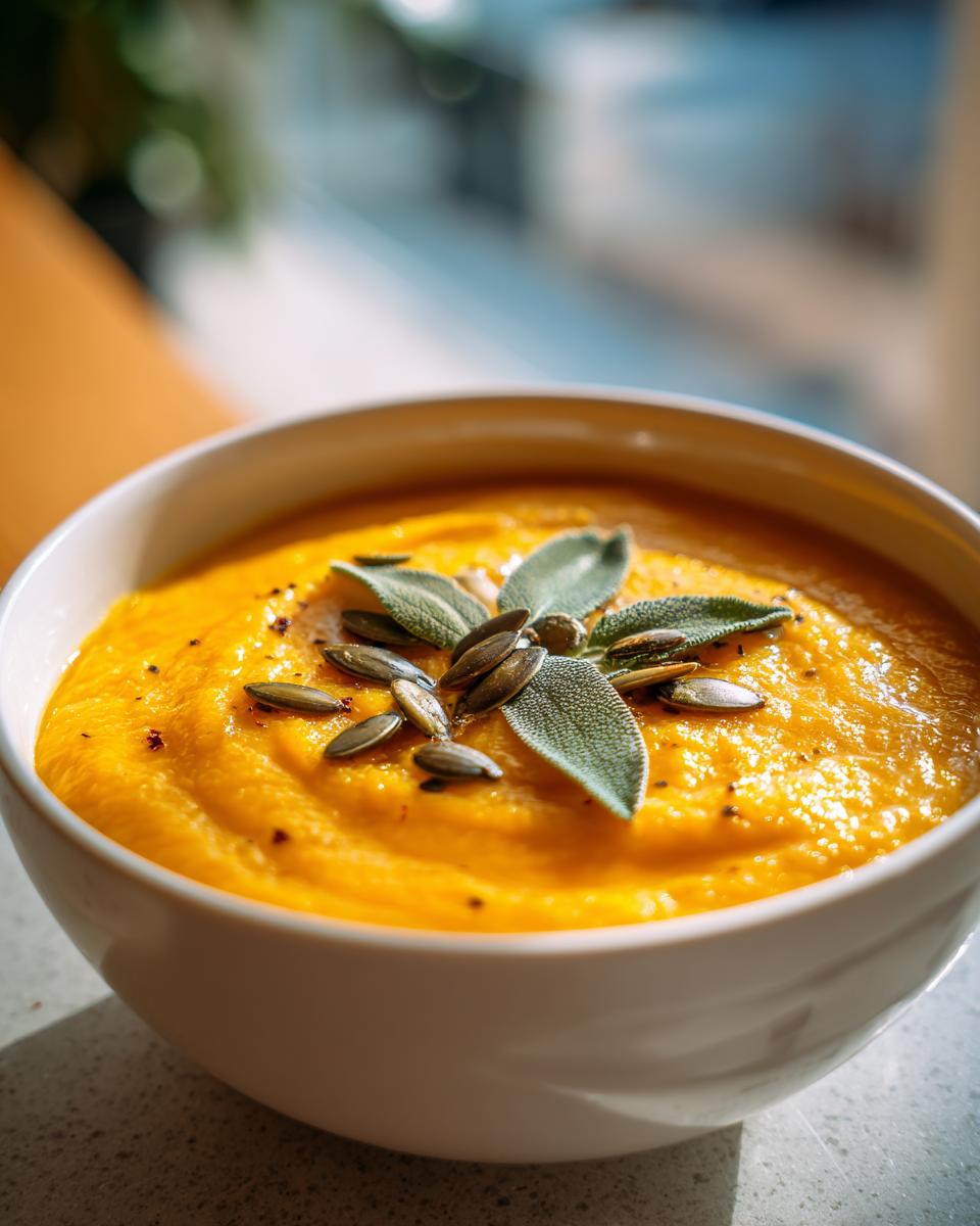 Close-up of a bowl of vibrant orange fall soup recipes, garnished with sage leaves and pumpkin seeds.