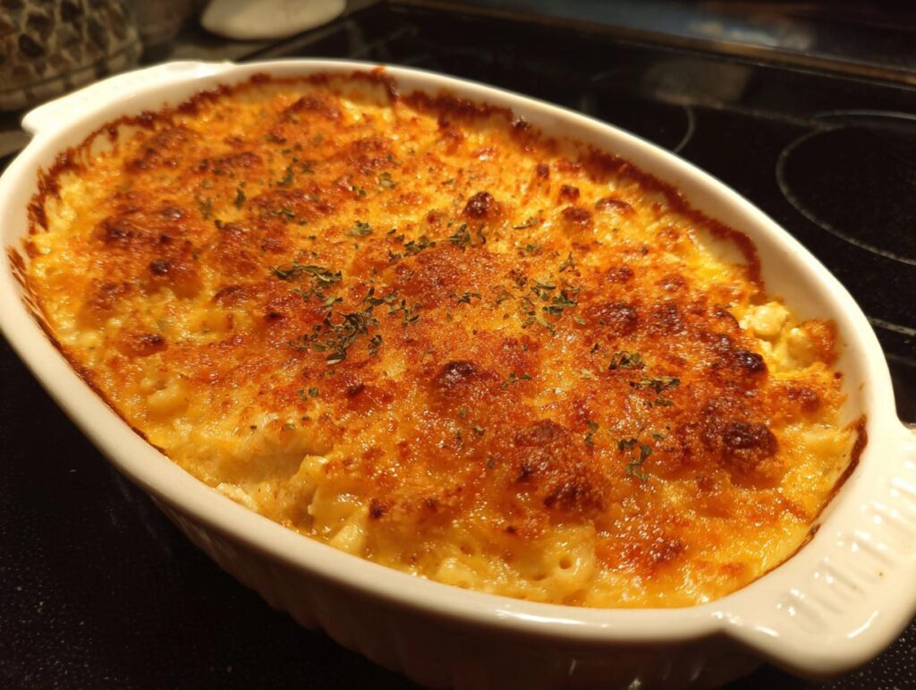 Baked casserole in a white dish, perfect for a comforting family meal. Golden brown and topped with herbs.