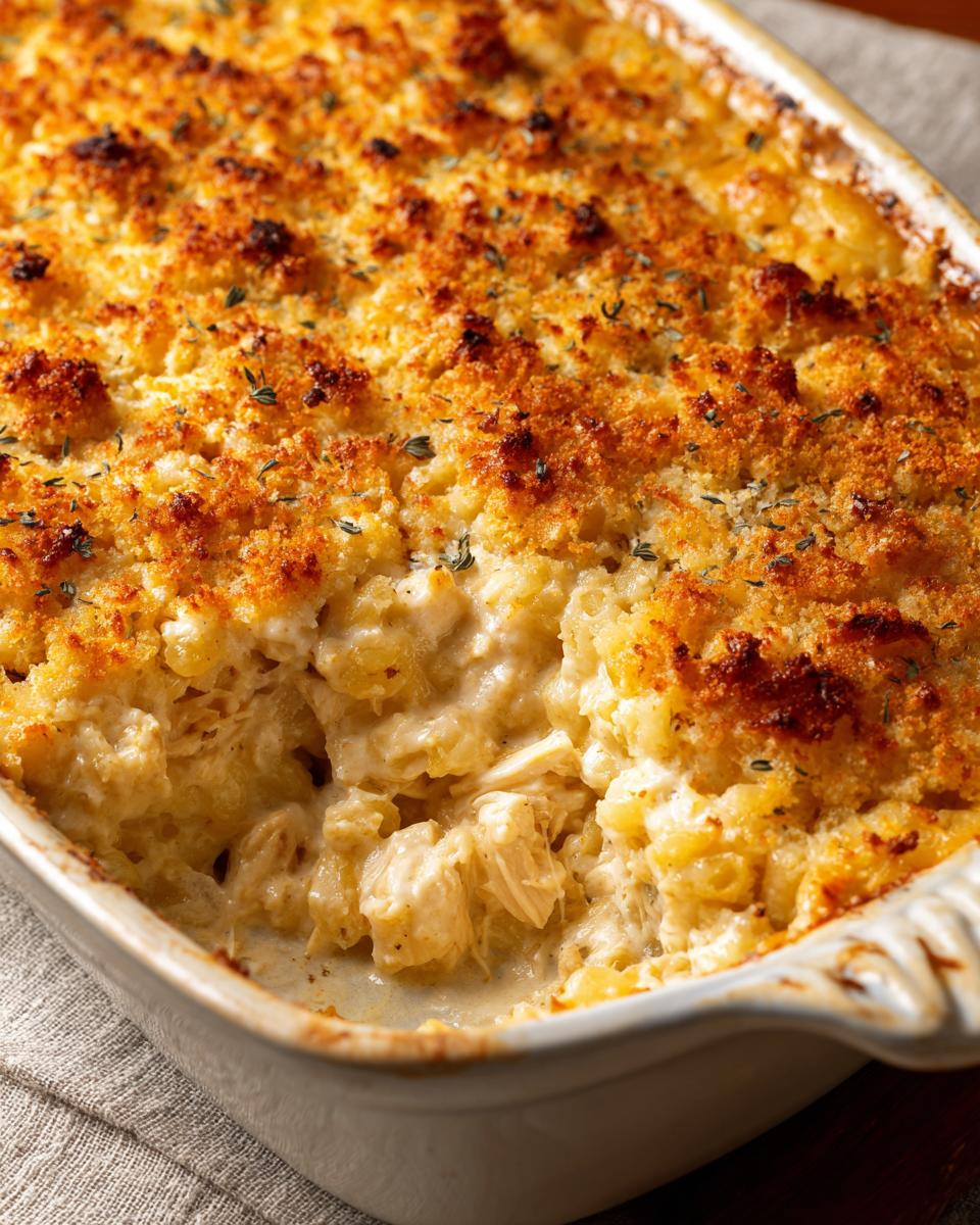 Close-up of a creamy casserole, perfect for a family meal, with a golden, crispy topping.