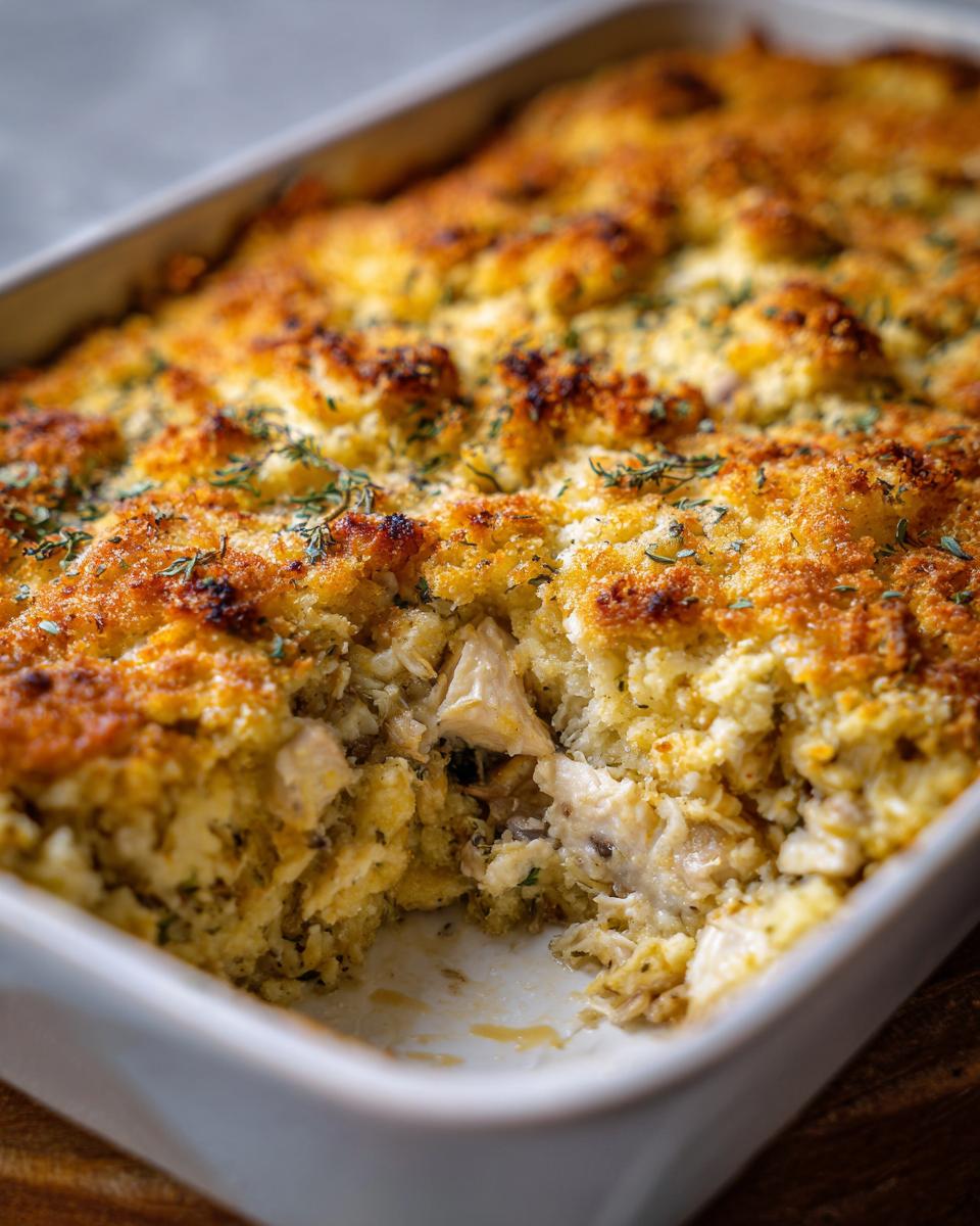 Baked family meal casserole in a white dish, showing the filling and golden brown topping.