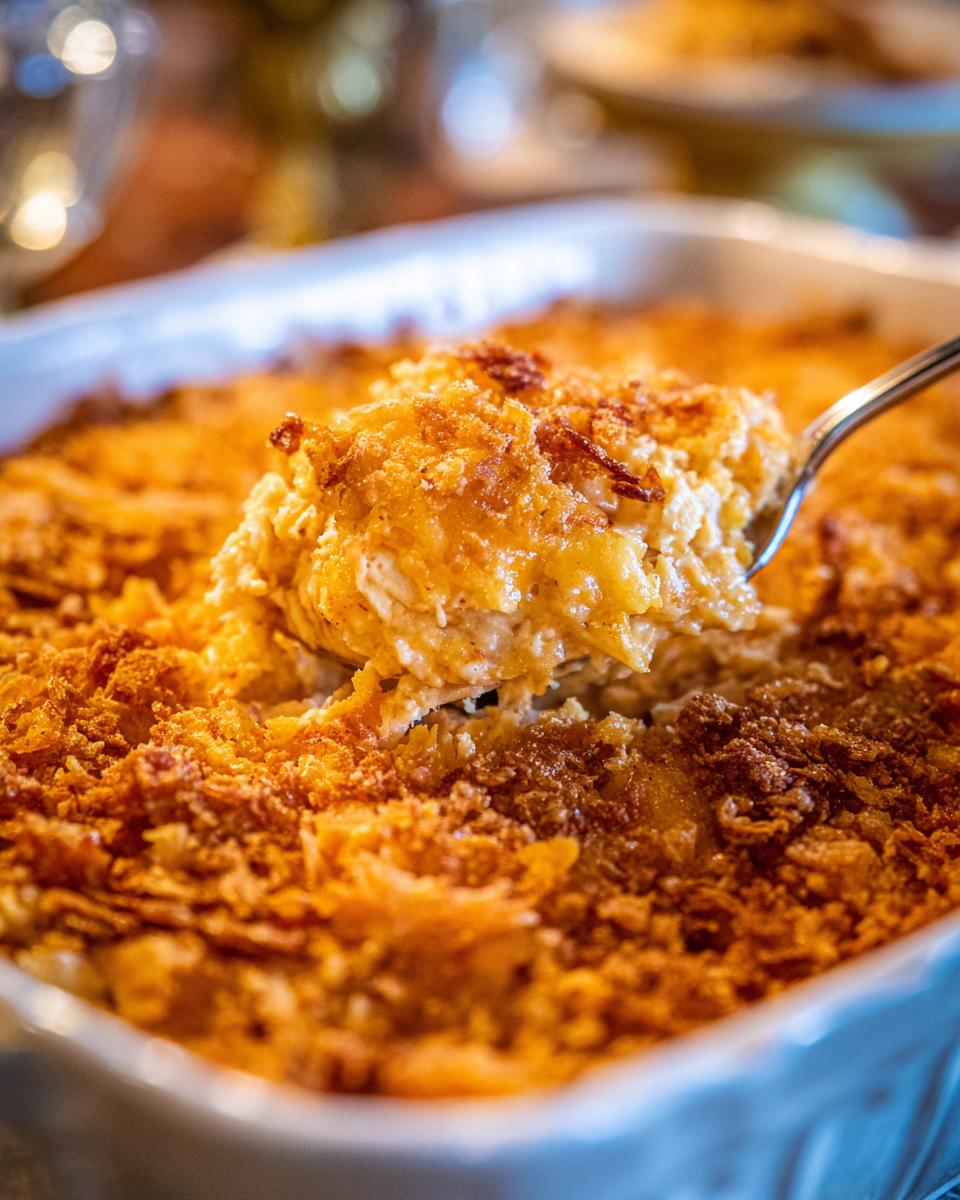 Spoon lifting a portion of a golden-brown casserole from a white dish, perfect for a family meal.