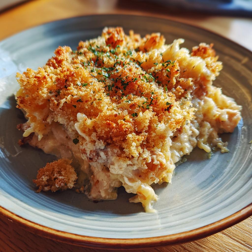 Close-up of a slice of family meal casserole with a golden, crispy topping, served on a plate.