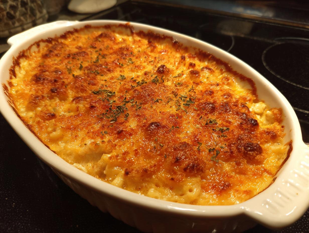 Baked casserole in a white dish, perfect for a comforting family meal. Golden brown and topped with herbs.