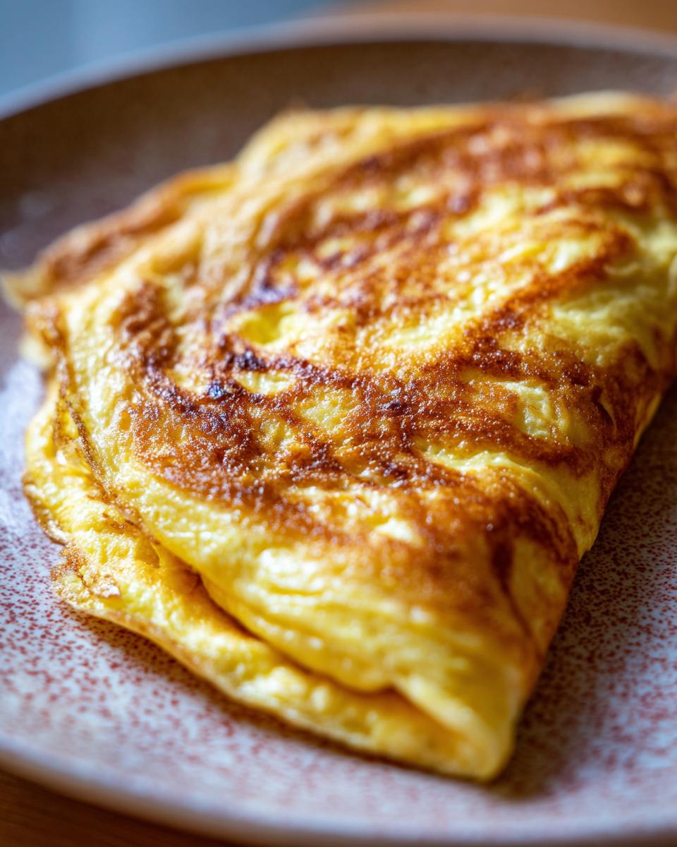 Close-up of a perfectly cooked, golden brown folded omelet on a speckled plate. Ready to eat omelet.