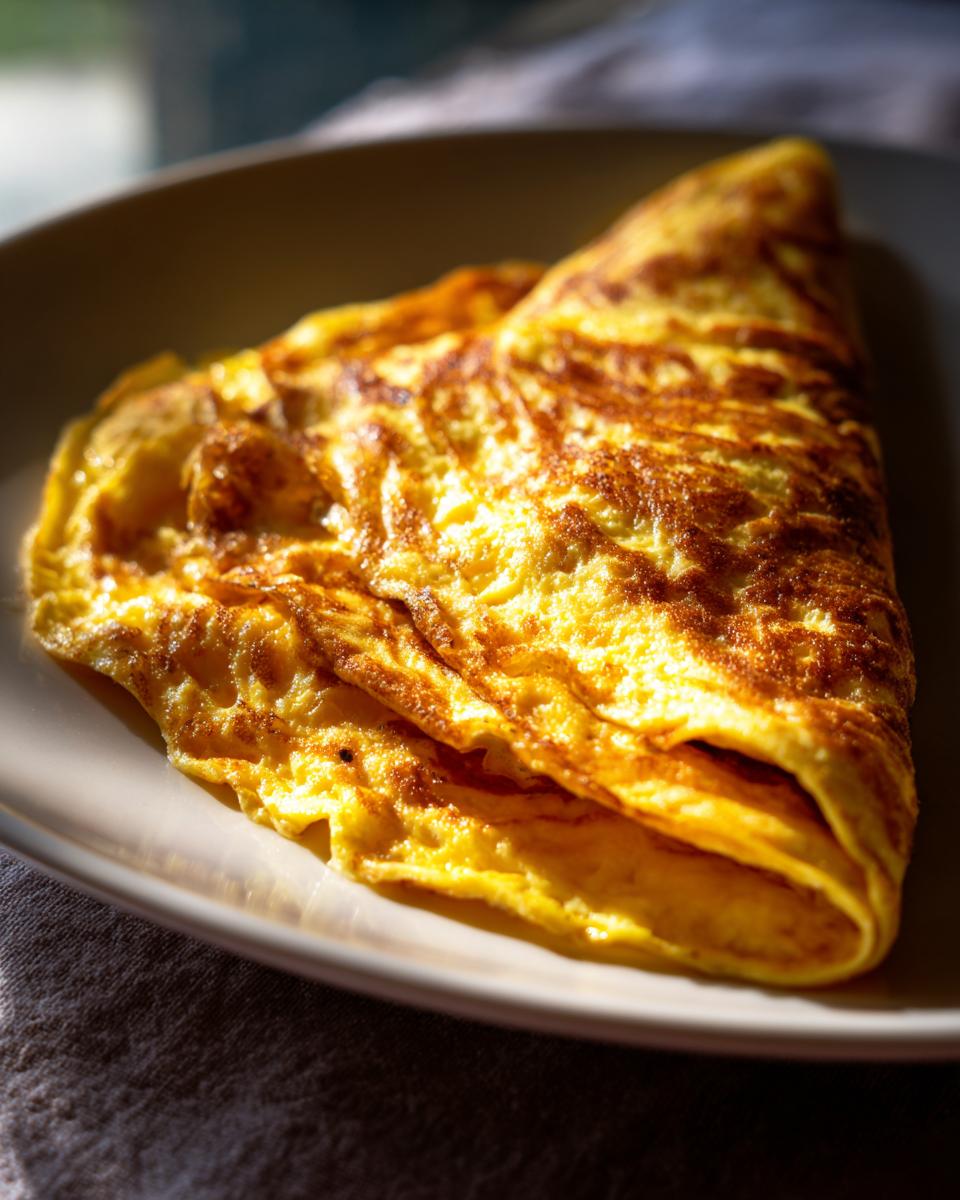 A golden-brown, folded omelet sits on a plate, ready to be enjoyed. Perfect for a quick and easy meal.