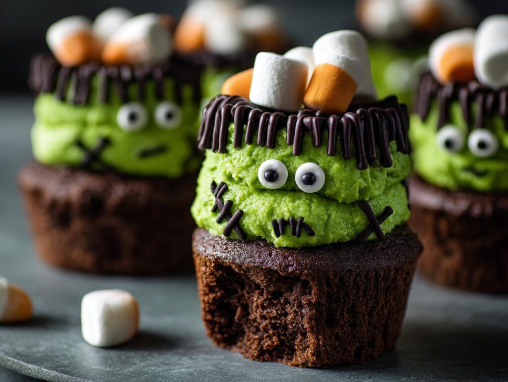 Close-up of a delicious Frankenstein Cupcake with green frosting, candy eyes, and chocolate hair.