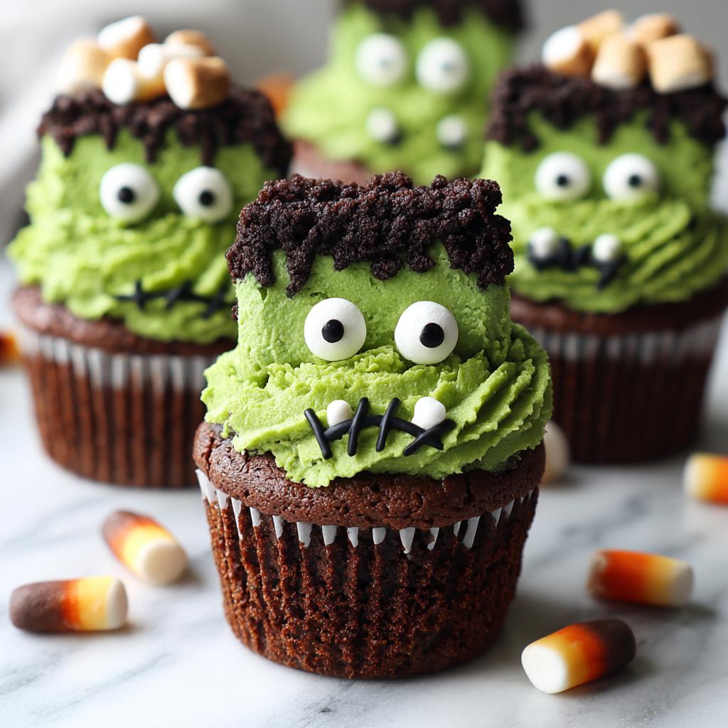 Close-up of a group of adorable Frankenstein Cupcakes decorated with green frosting, candy eyes, and chocolate hair.